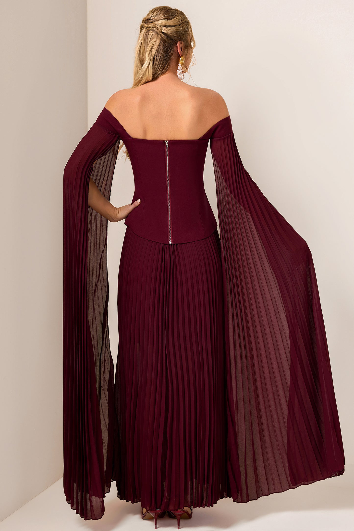 Solid Cape Sleeve Top & Pleat  Maxi Skirt Set