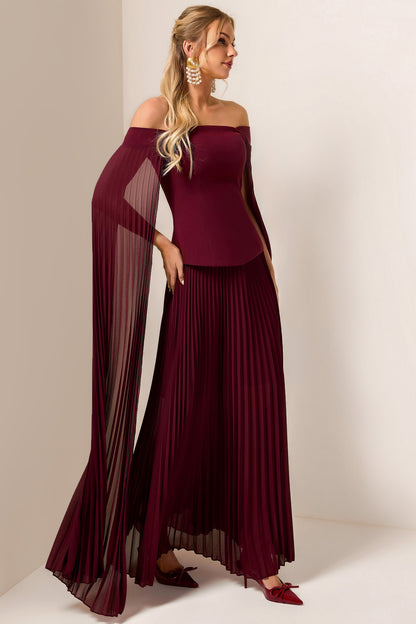 Solid Cape Sleeve Top & Pleat  Maxi Skirt Set