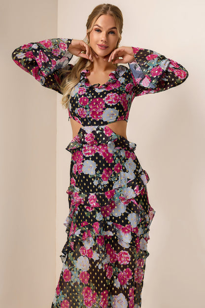 Floral Gold Foil Stamping Frill Midi Dress