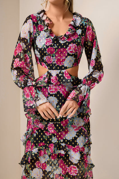 Floral Gold Foil Stamping Frill Midi Dress