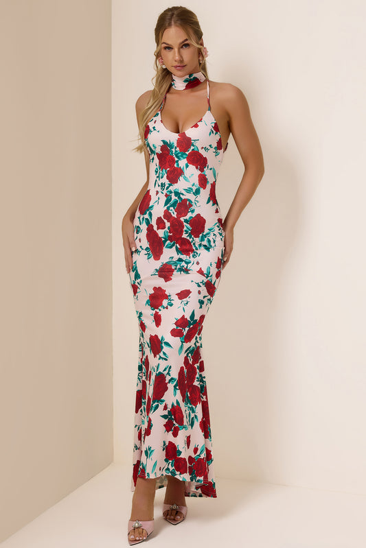 Chiffon Floral Plunge Maxi Dress