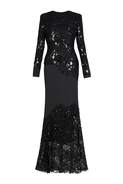 Sequin Splicing Embroidery Long Sleeve Maxi Dress