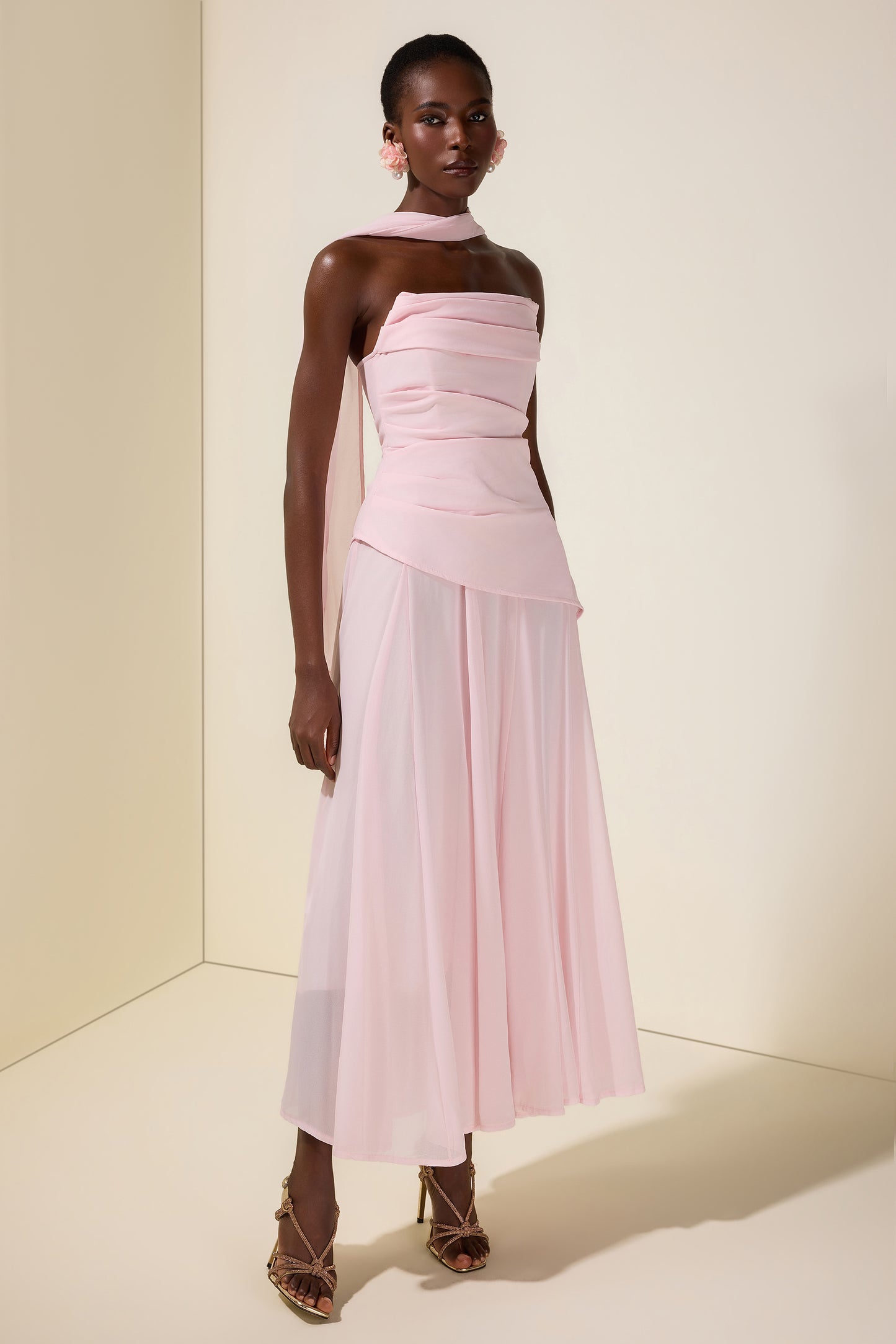 Solid Off-Shoulder Tie-Up Midi Dress