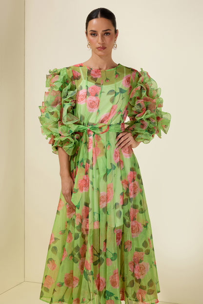 Floral Print Multi Ruffle Midi Dress