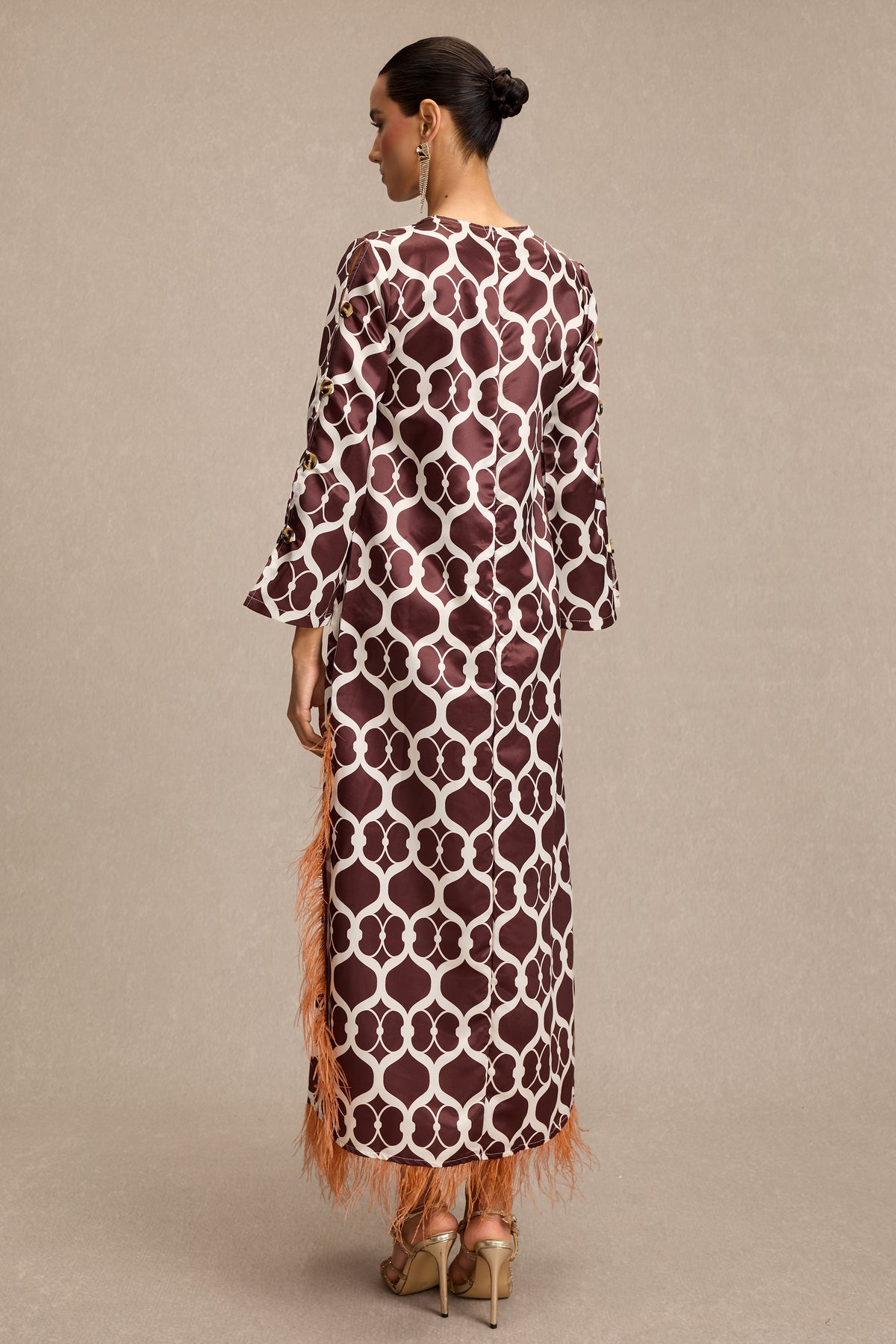 Satin Geometric Patterns Feather Midi Dress