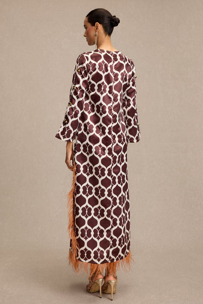 Satin Geometric Patterns Feather Midi Dress