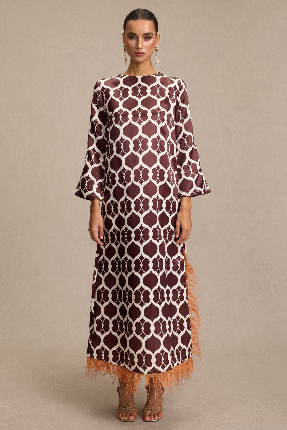 Satin Geometric Patterns Feather Midi Dress
