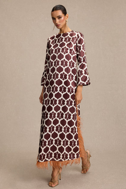 Satin Geometric Patterns Feather Midi Dress