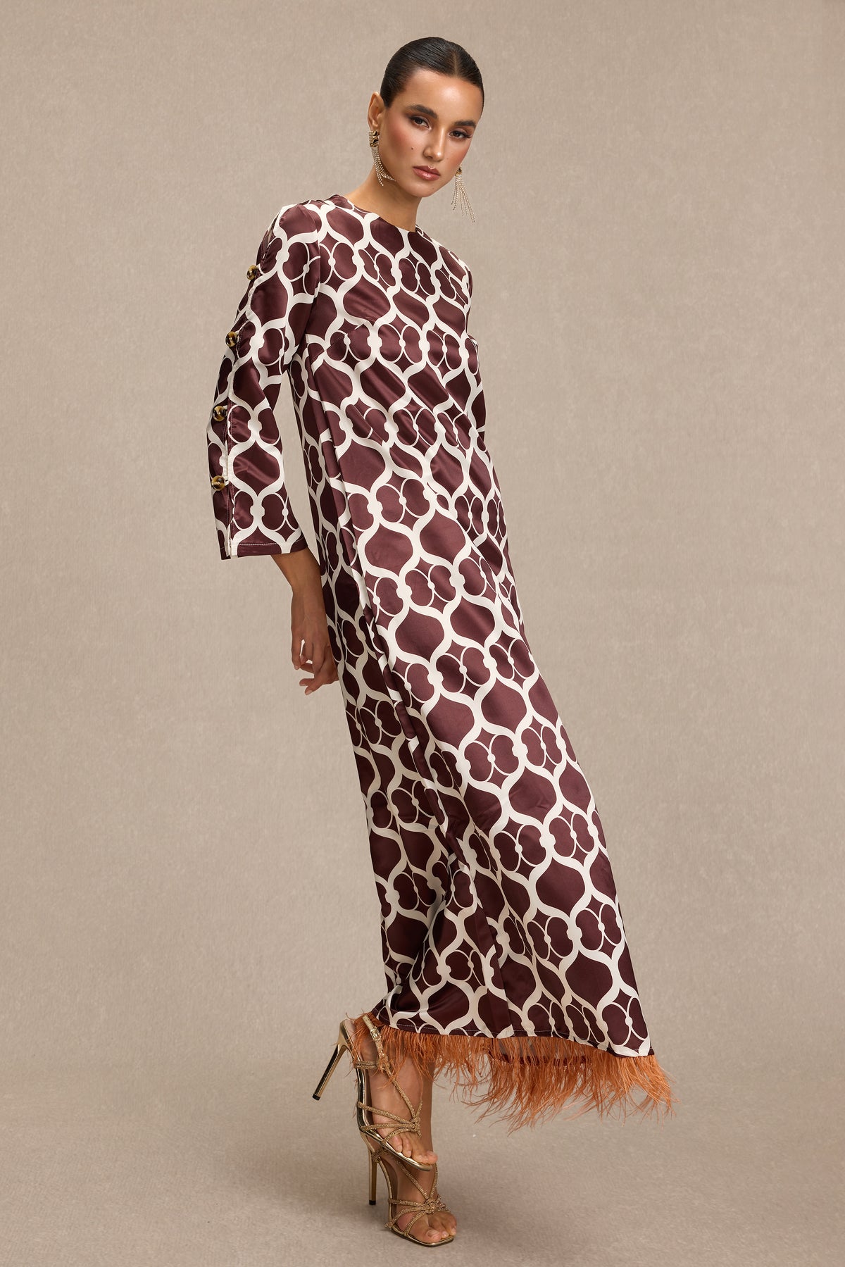 Satin Geometric Patterns Feather Midi Dress