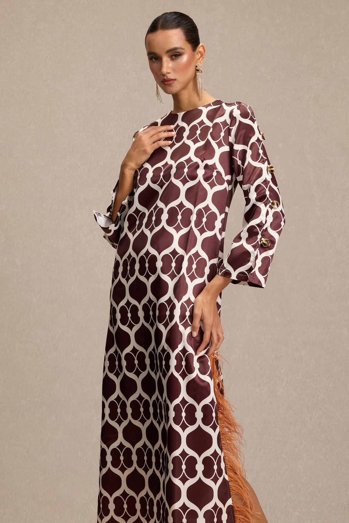 Satin Geometric Patterns Feather Midi Dress