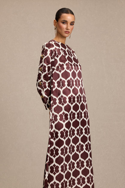 Satin Geometric Patterns Feather Midi Dress