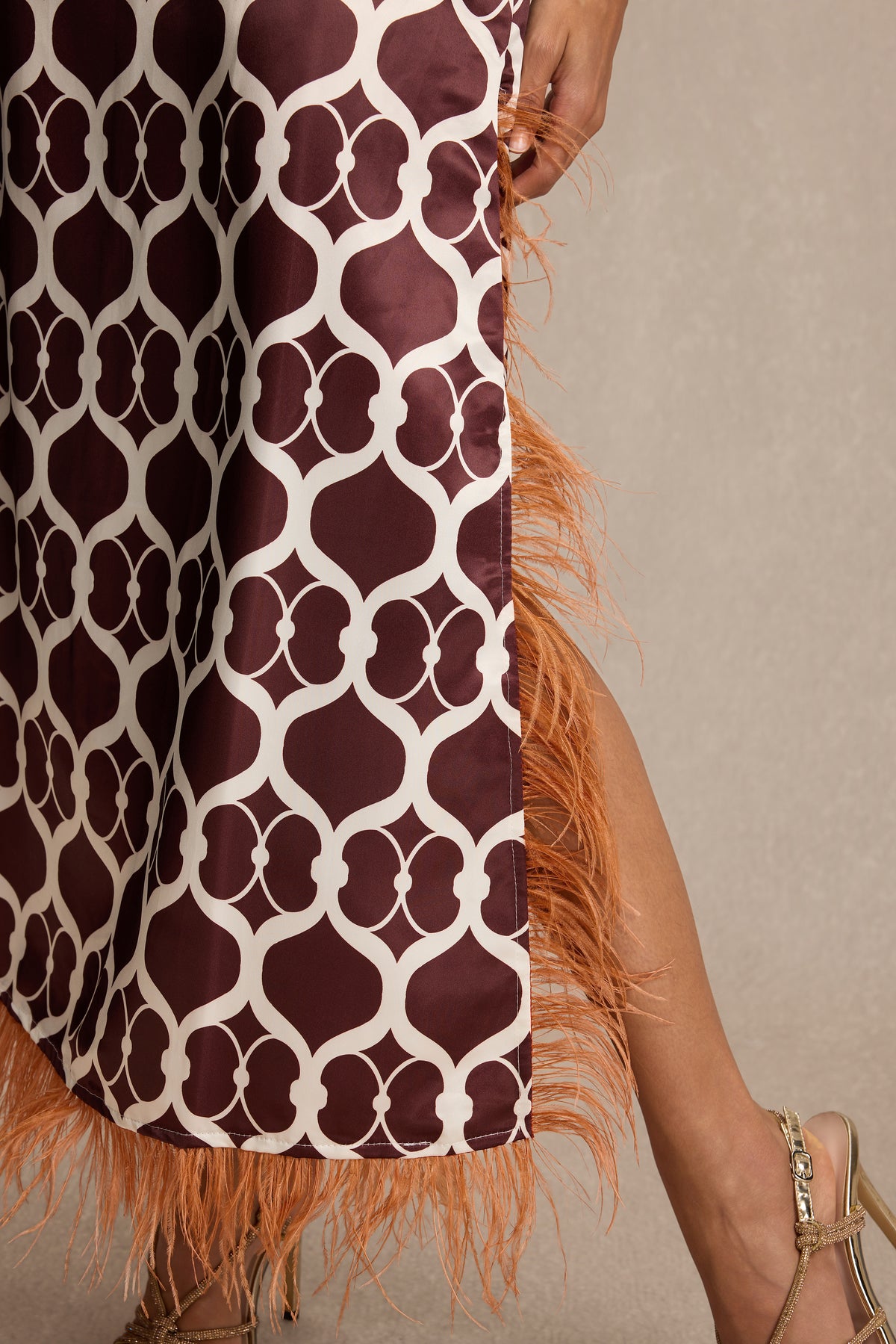 Satin Geometric Patterns Feather Midi Dress