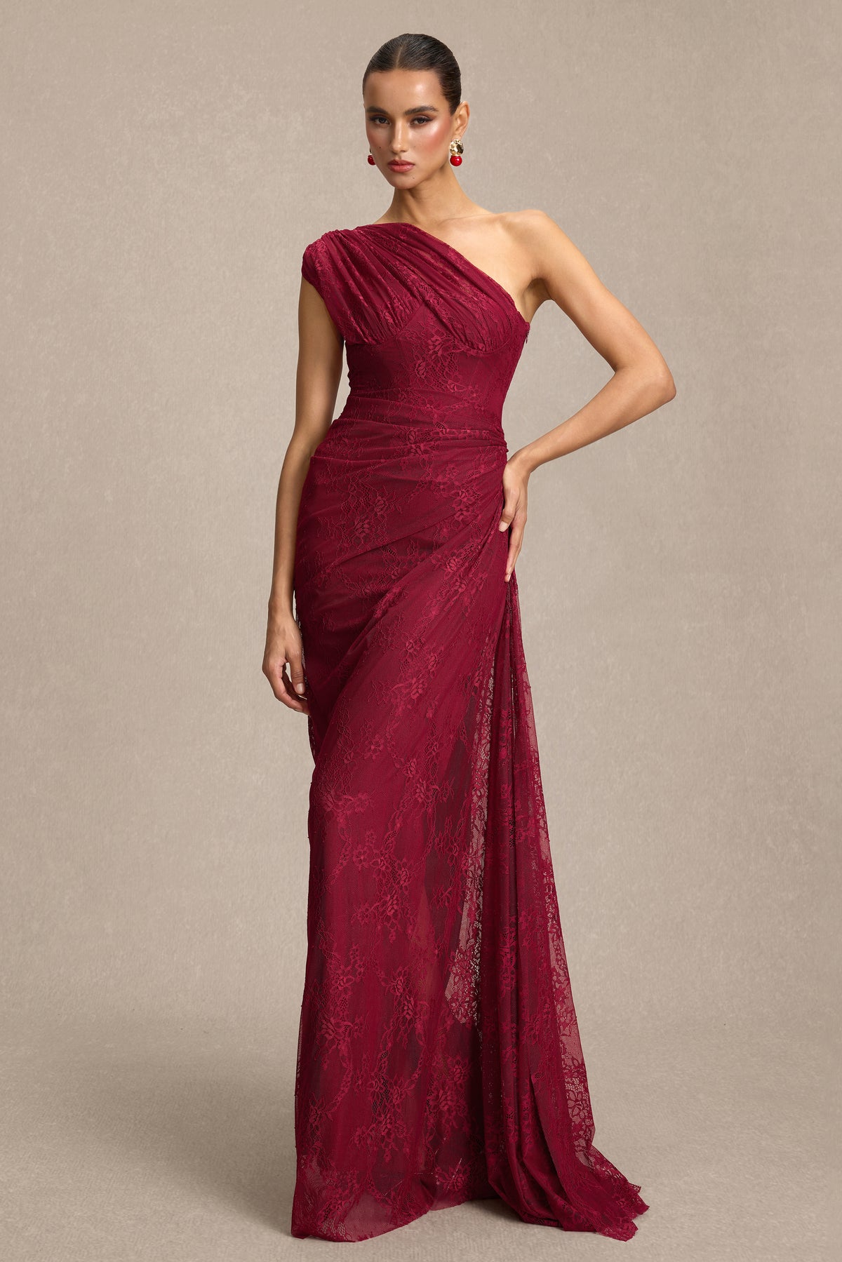 Lace One Shoulder Slit Maxi Dress