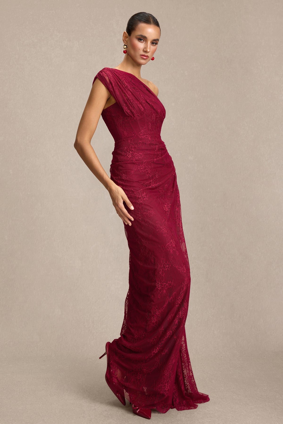 Lace One Shoulder Slit Maxi Dress