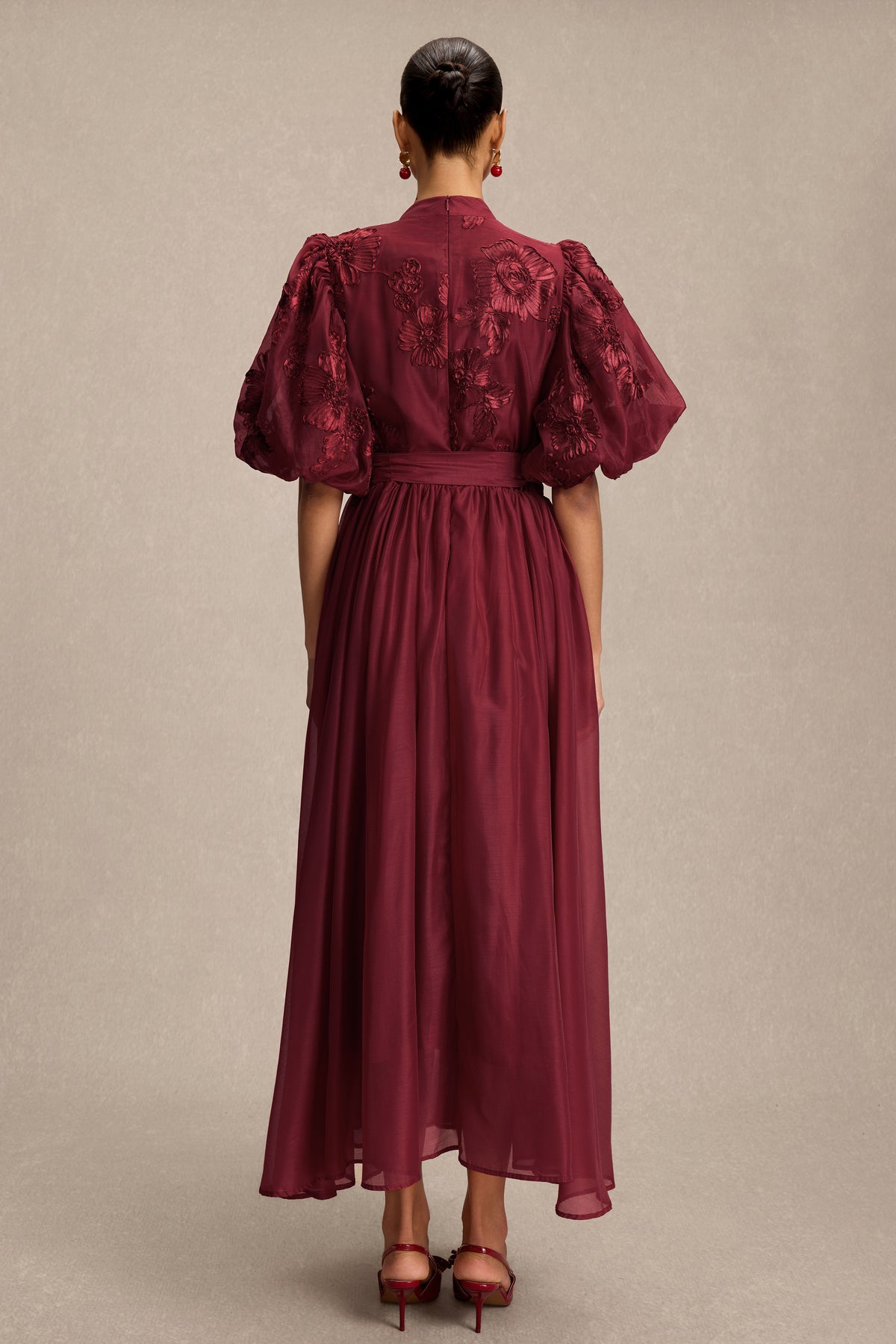 Embroidered Stand Collar Puff Sleeve Midi Dress With Belt