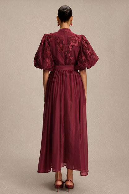 Embroidered Stand Collar Puff Sleeve Midi Dress With Belt