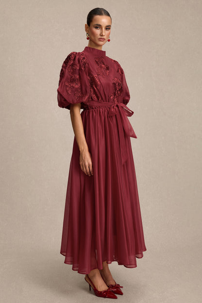 Embroidered Stand Collar Puff Sleeve Midi Dress With Belt