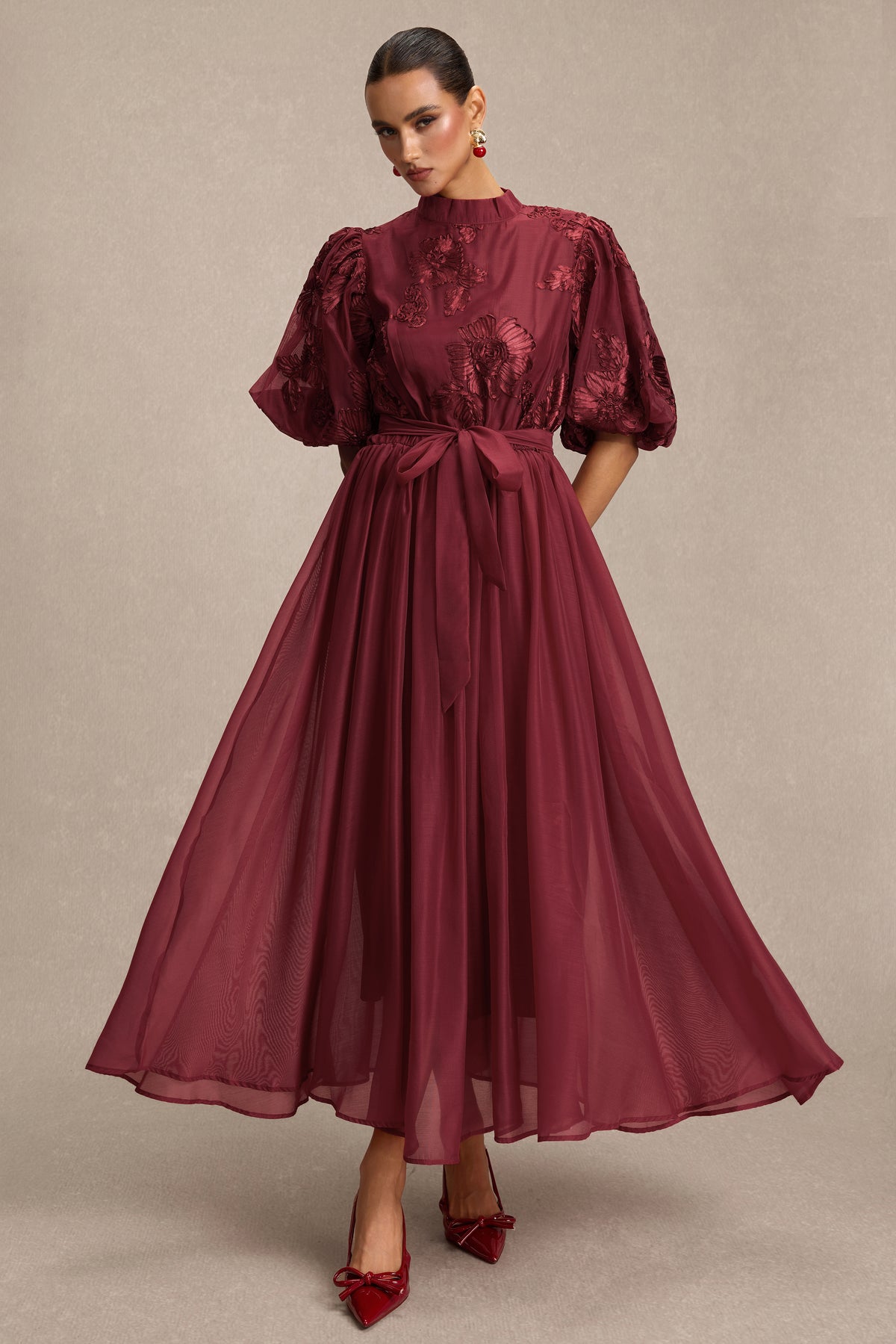 Embroidered Stand Collar Puff Sleeve Midi Dress With Belt