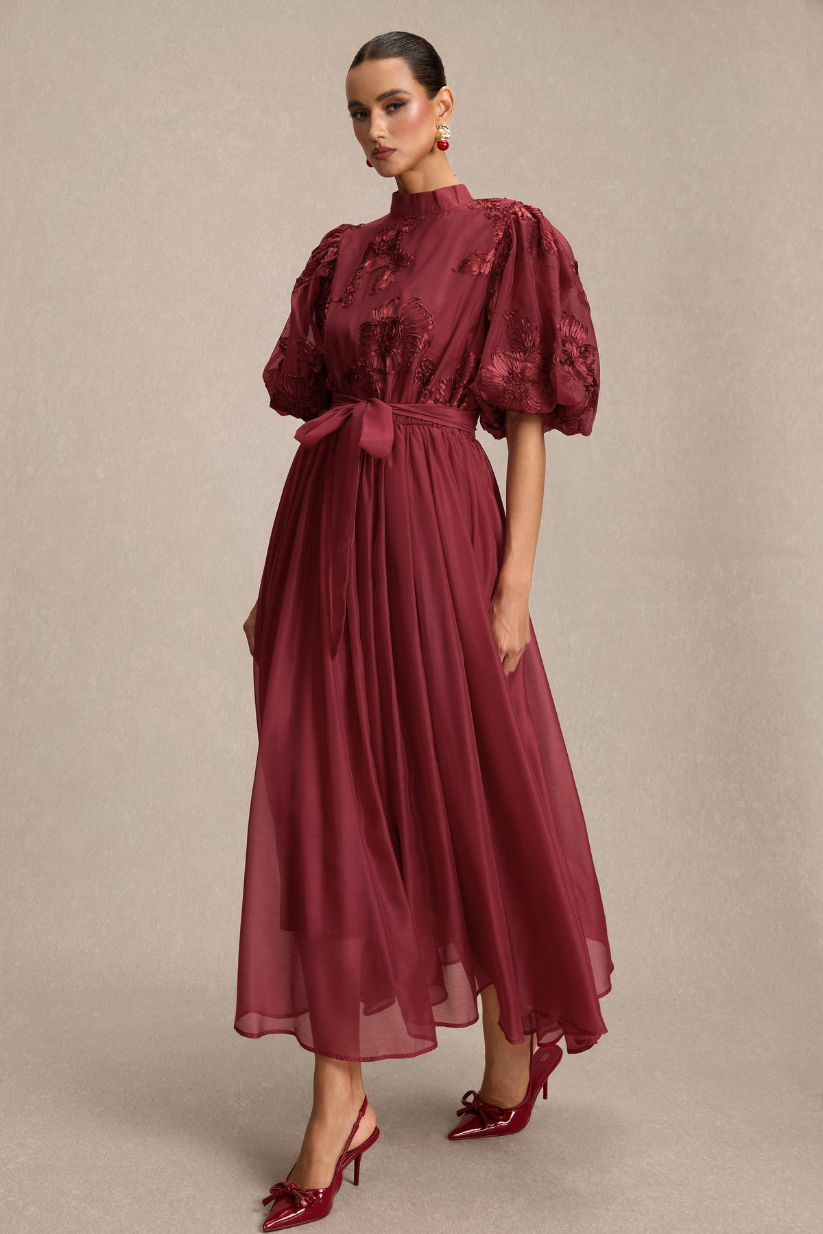 Embroidered Stand Collar Puff Sleeve Midi Dress With Belt