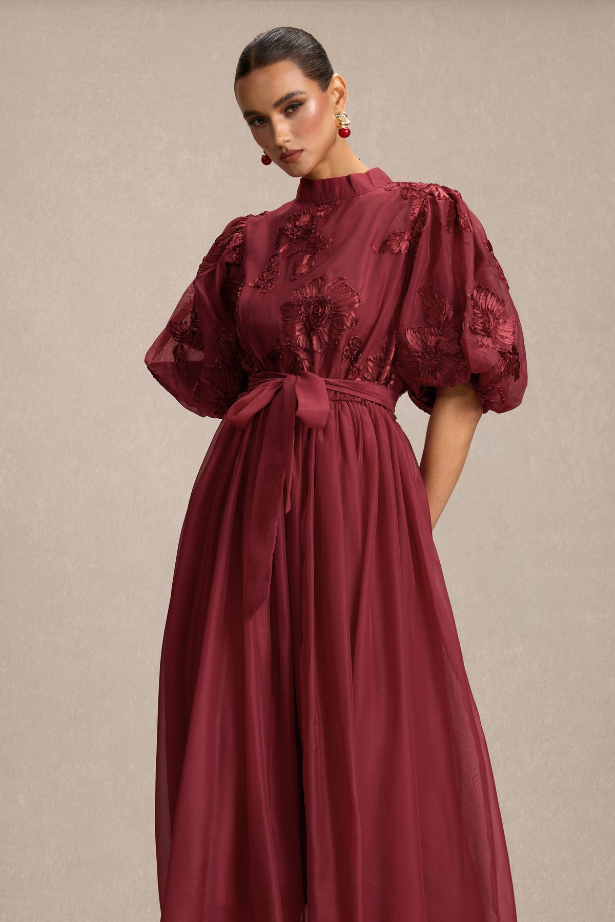 Embroidered Stand Collar Puff Sleeve Midi Dress With Belt
