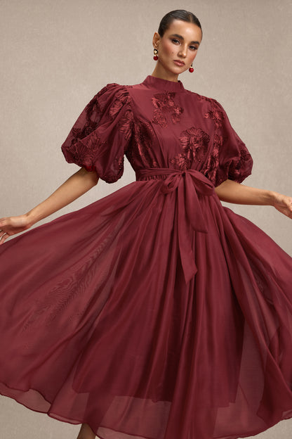 Embroidered Stand Collar Puff Sleeve Midi Dress With Belt