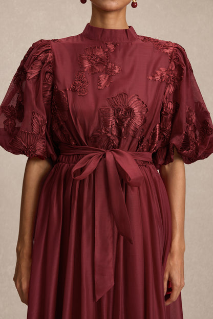 Embroidered Stand Collar Puff Sleeve Midi Dress With Belt