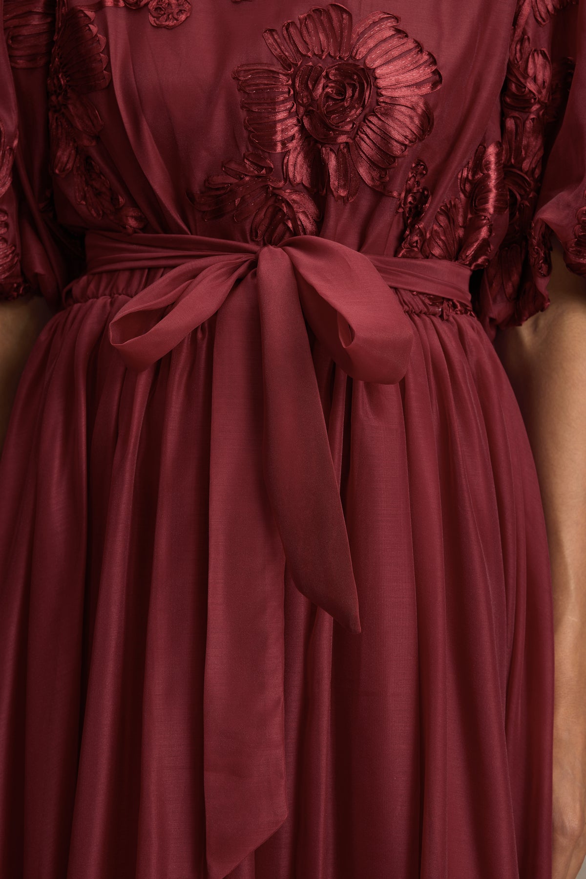 Embroidered Stand Collar Puff Sleeve Midi Dress With Belt