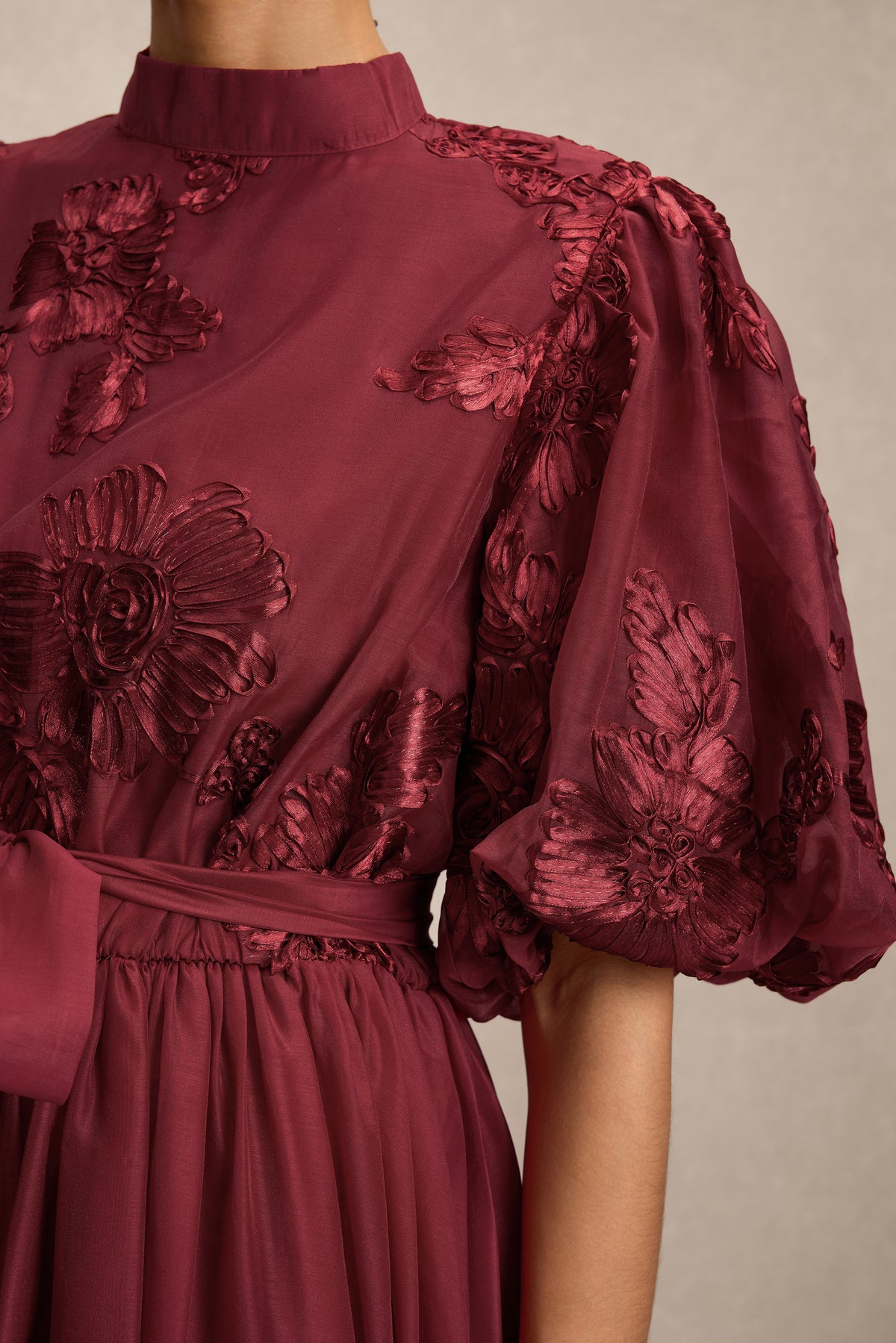 Embroidered Stand Collar Puff Sleeve Midi Dress With Belt