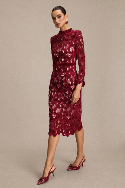 Velvet Embroidered Long Sleeve Midi Dress