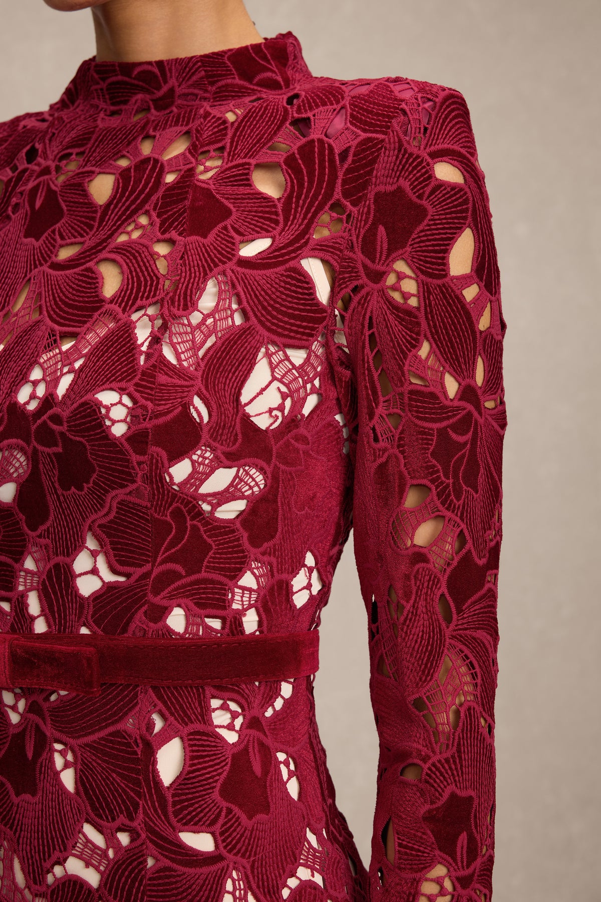 Velvet Embroidered Long Sleeve Midi Dress