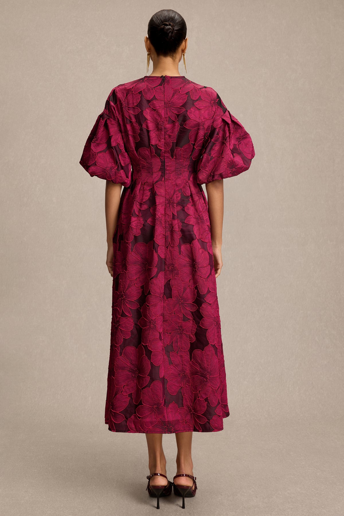 Jacquard V-Neck Puff Sleeve Midi Dress