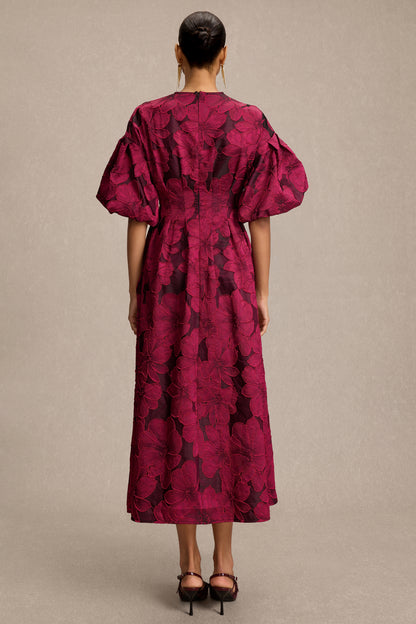 Jacquard V-Neck Puff Sleeve Midi Dress