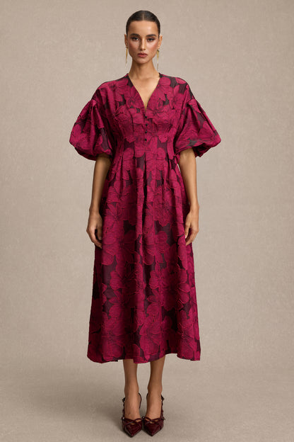 Jacquard V-Neck Puff Sleeve Midi Dress