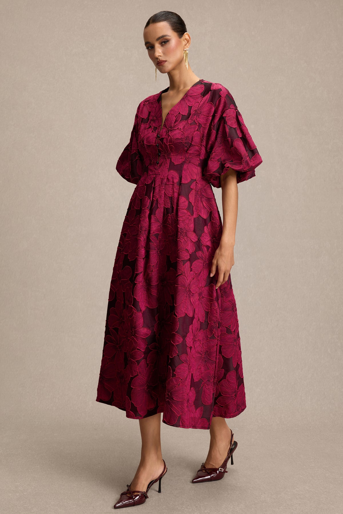 Jacquard V-Neck Puff Sleeve Midi Dress