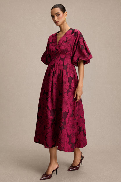 Jacquard V-Neck Puff Sleeve Midi Dress
