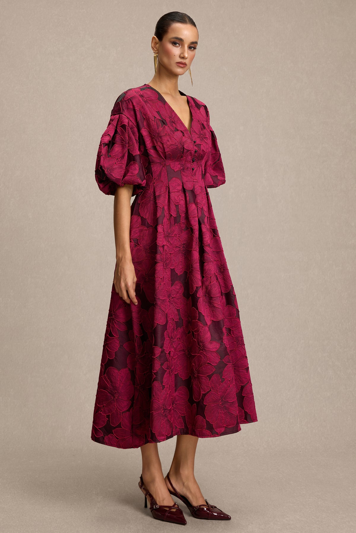 Jacquard V-Neck Puff Sleeve Midi Dress