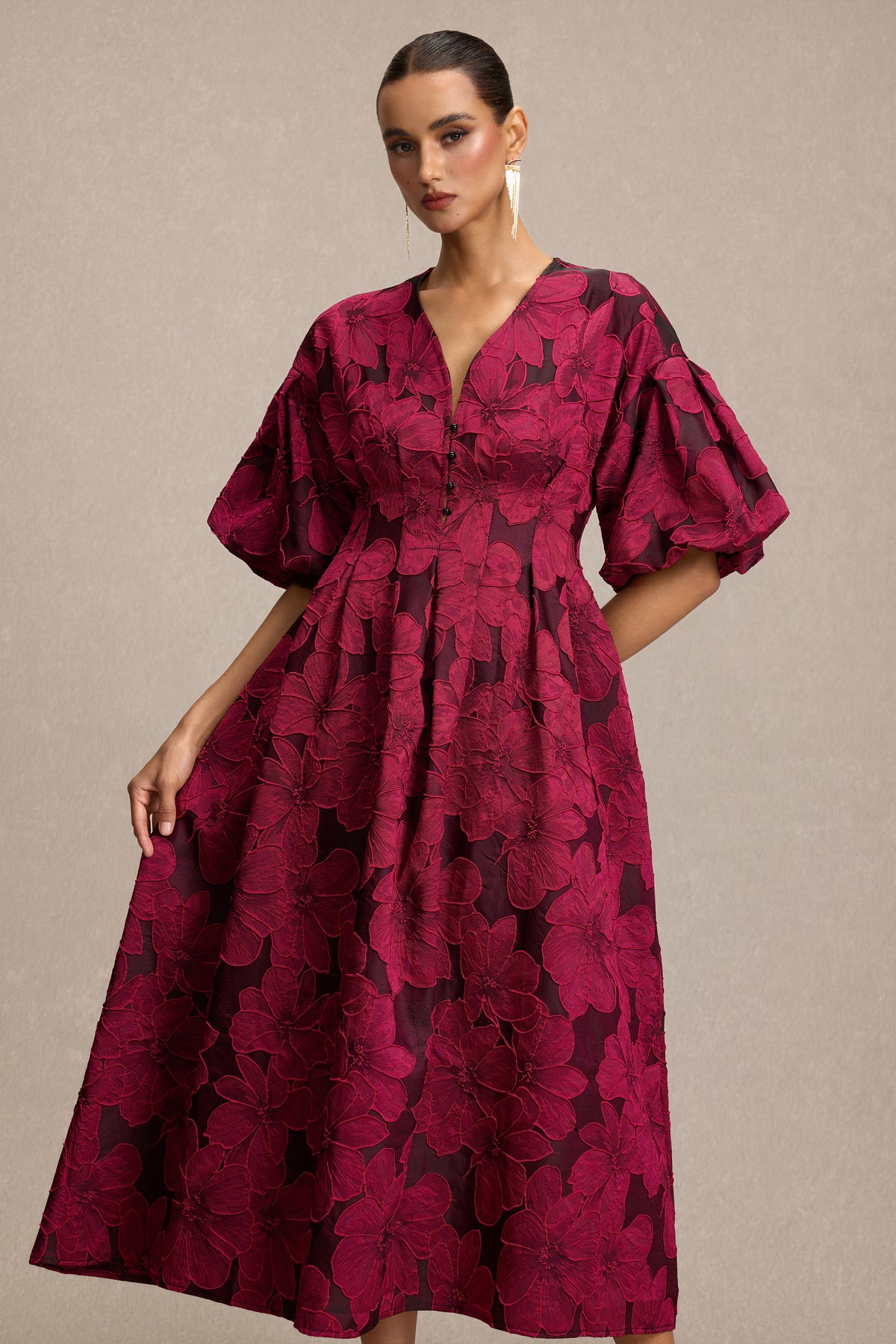 Jacquard V-Neck Puff Sleeve Midi Dress
