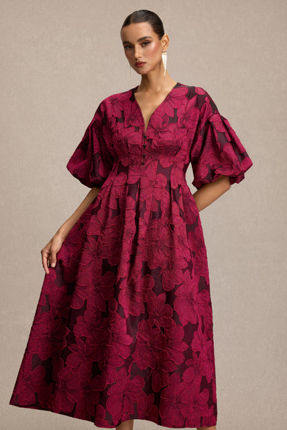 Jacquard V-Neck Puff Sleeve Midi Dress