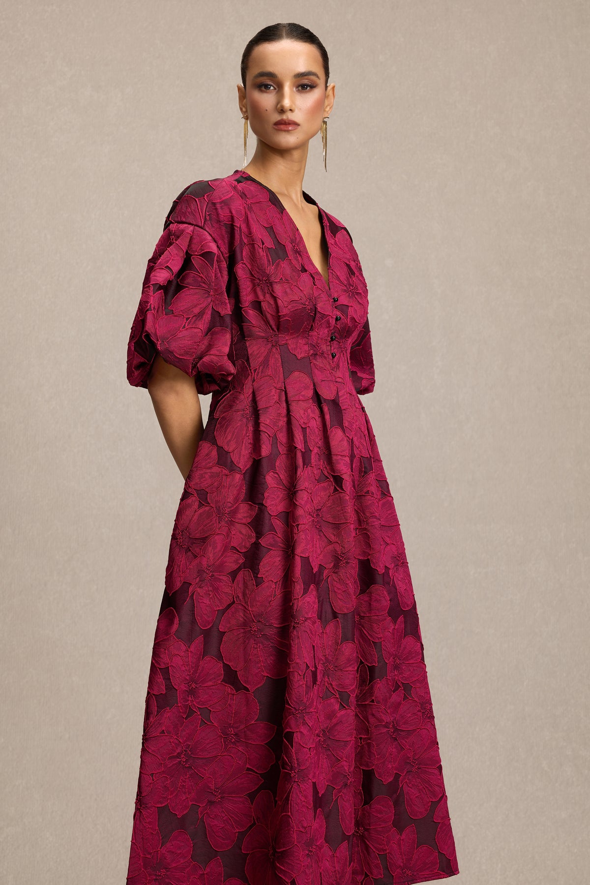 Jacquard V-Neck Puff Sleeve Midi Dress