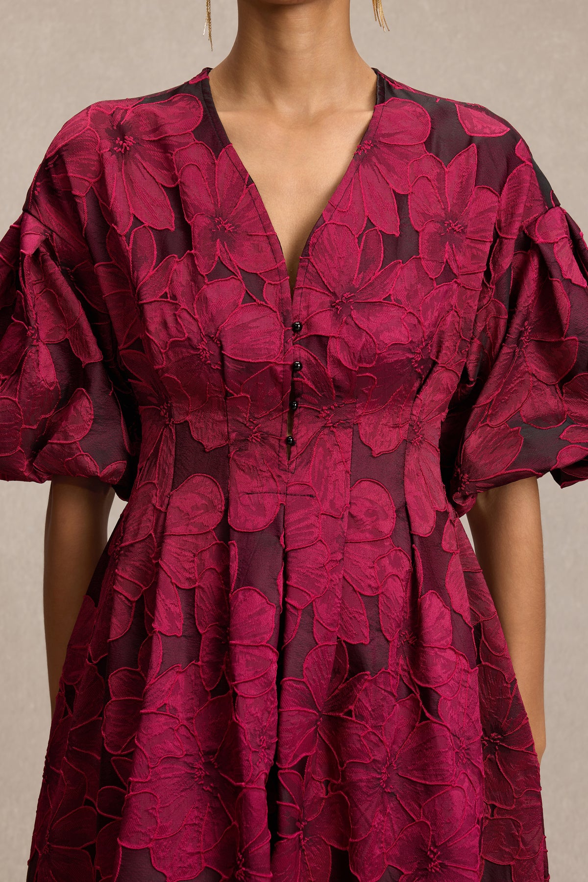 Jacquard V-Neck Puff Sleeve Midi Dress