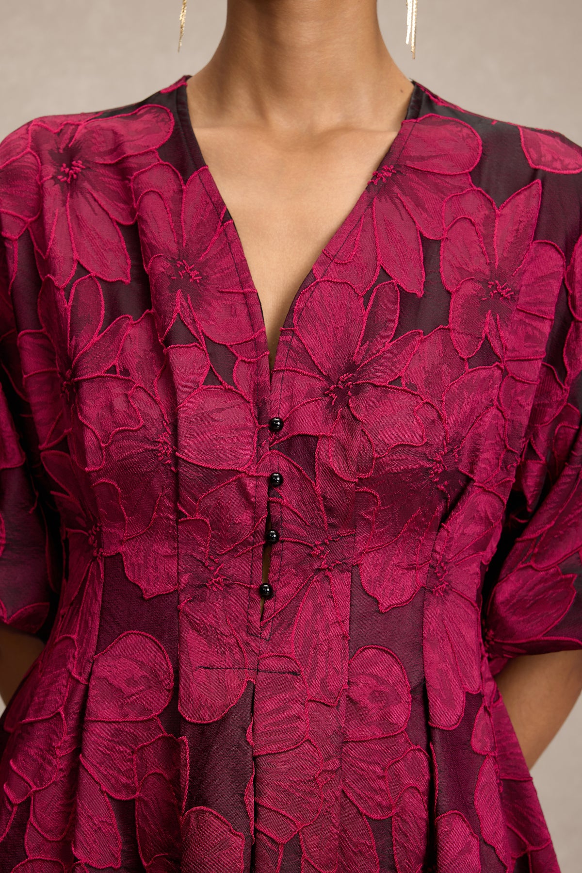 Jacquard V-Neck Puff Sleeve Midi Dress
