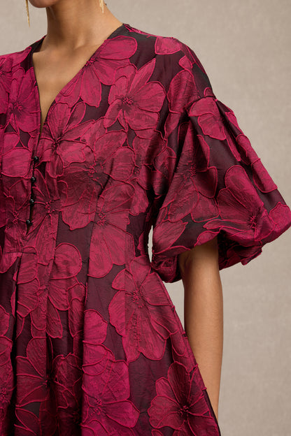 Jacquard V-Neck Puff Sleeve Midi Dress