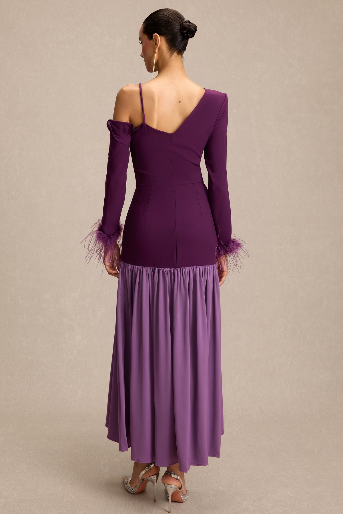 Feather Satin Asymmetrical Neck Midi Dress