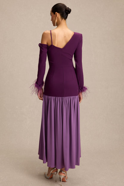 Feather Satin Asymmetrical Neck Midi Dress