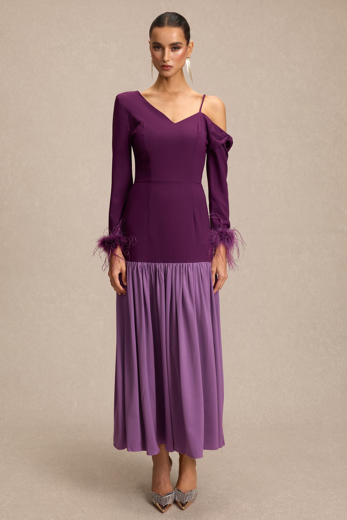Feather Satin Asymmetrical Neck Midi Dress