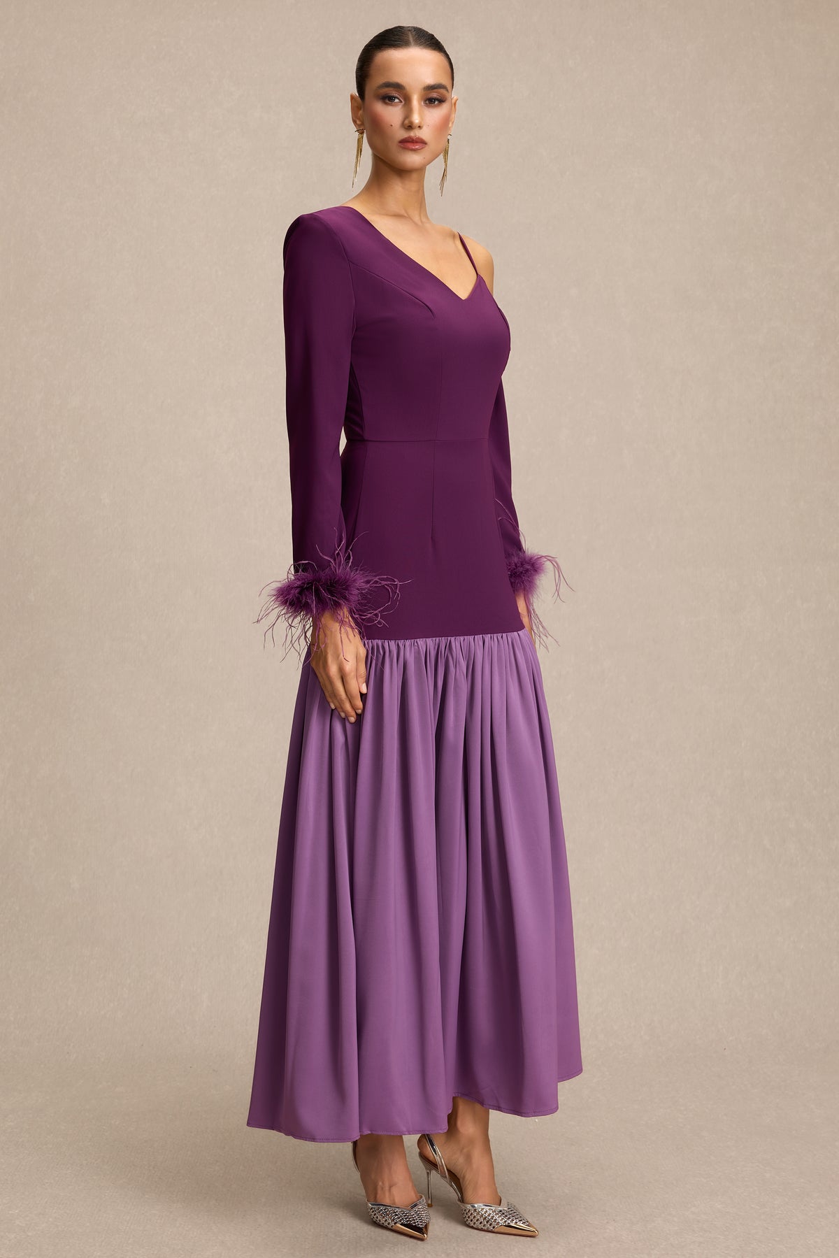 Feather Satin Asymmetrical Neck Midi Dress