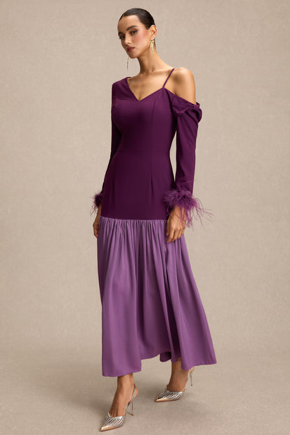 Feather Satin Asymmetrical Neck Midi Dress