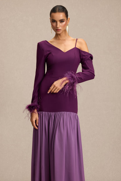 Feather Satin Asymmetrical Neck Midi Dress