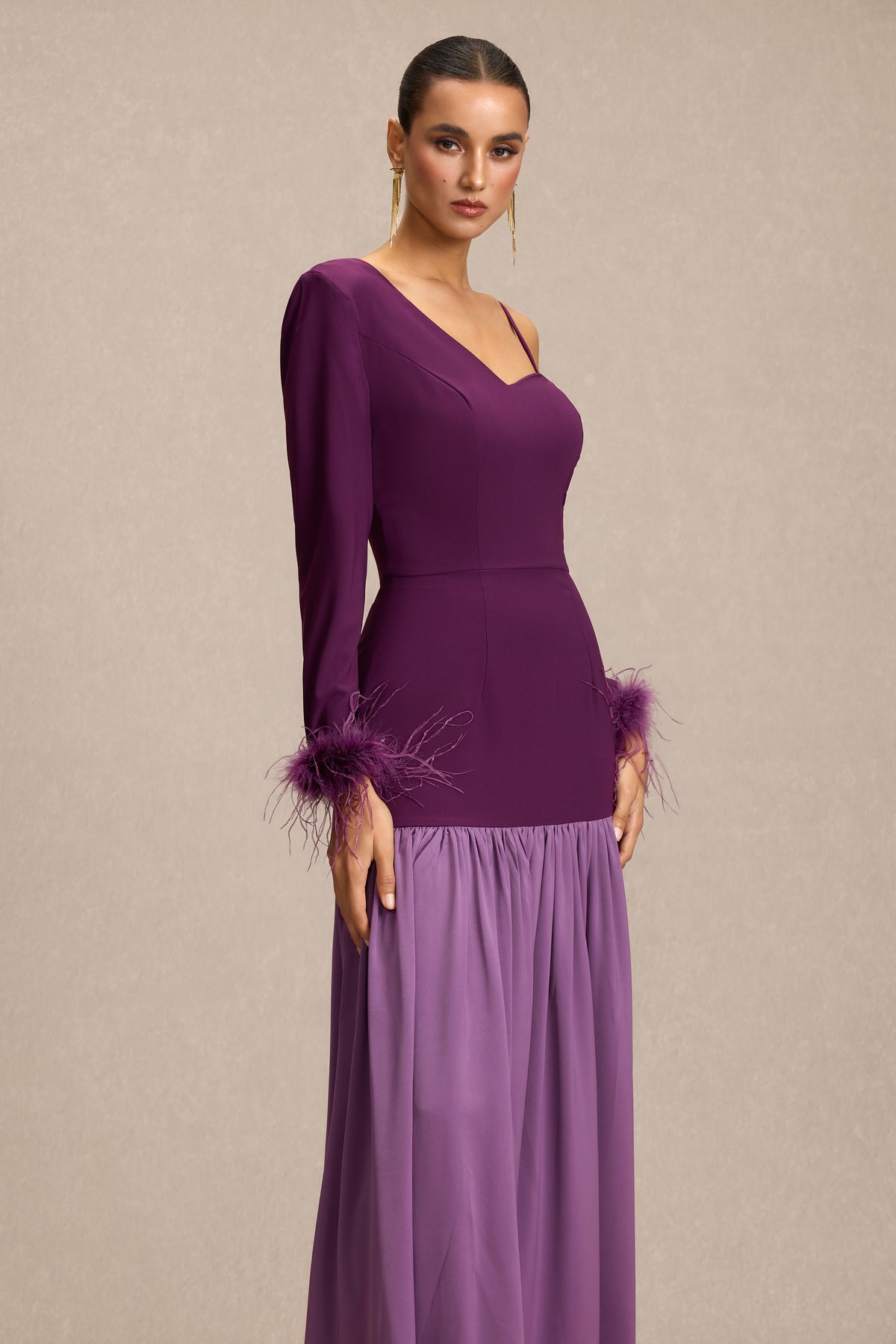 Feather Satin Asymmetrical Neck Midi Dress