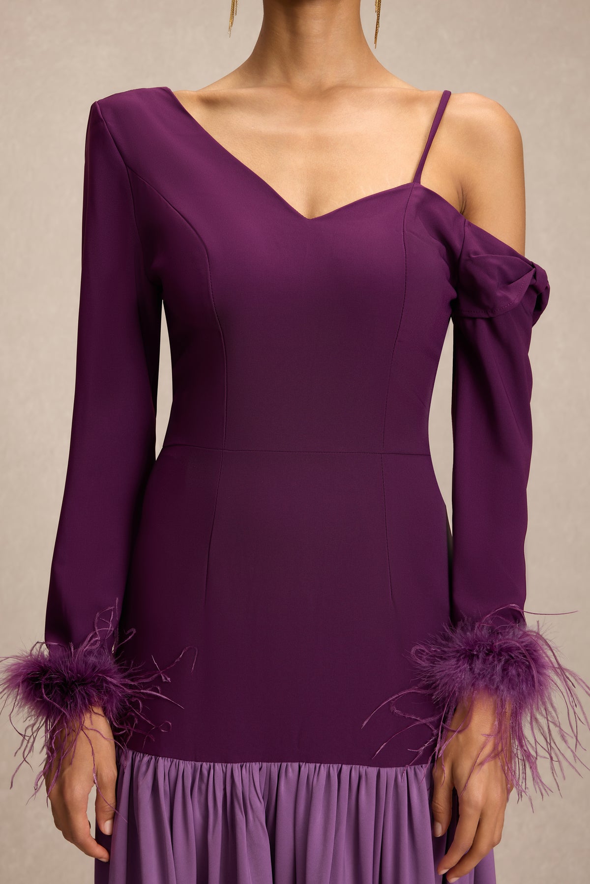 Feather Satin Asymmetrical Neck Midi Dress